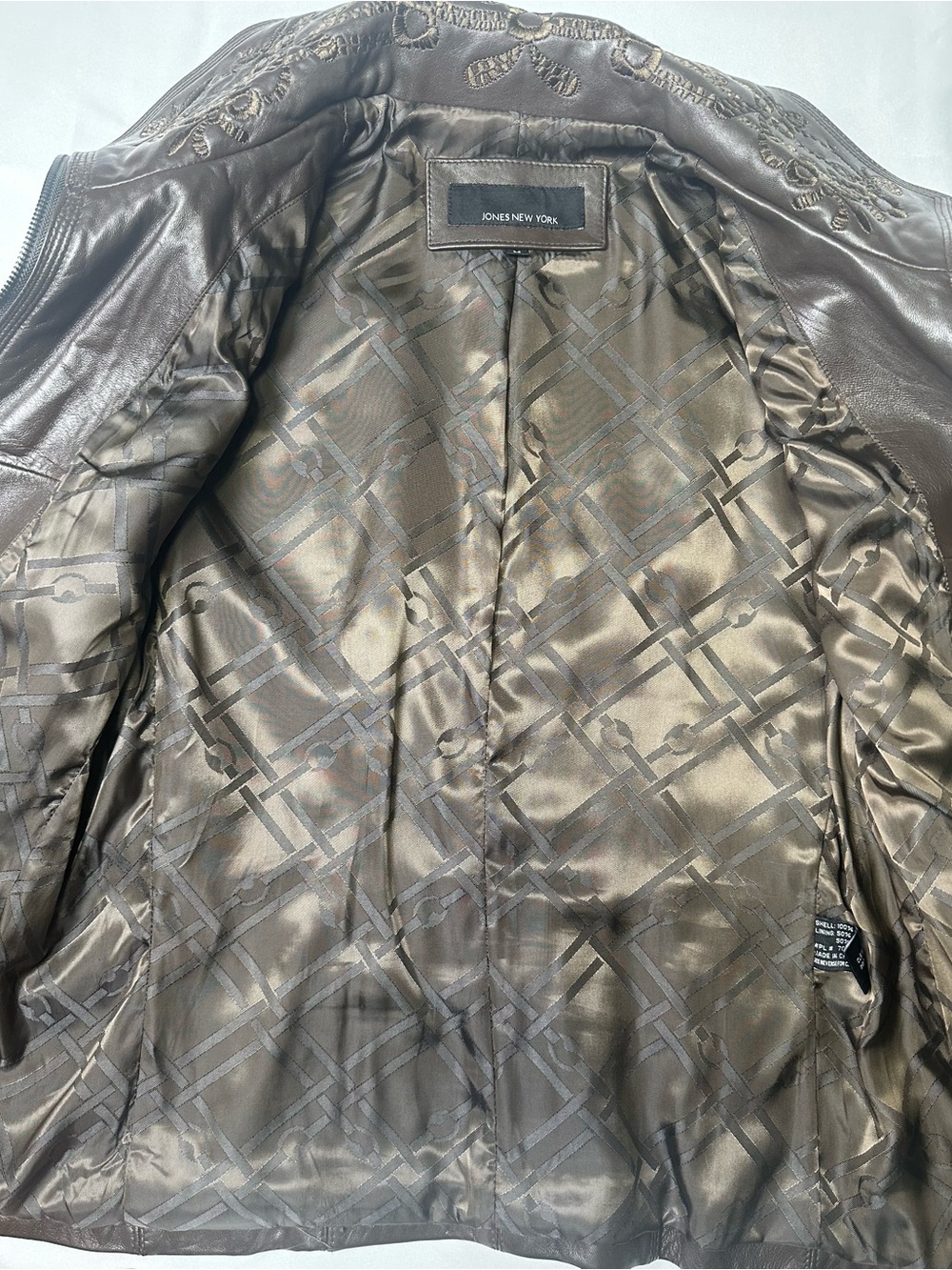 Jones New York Brown Leather Jacket with Embroidered Collar and Sleeves Size M - Picture 6 of 11
